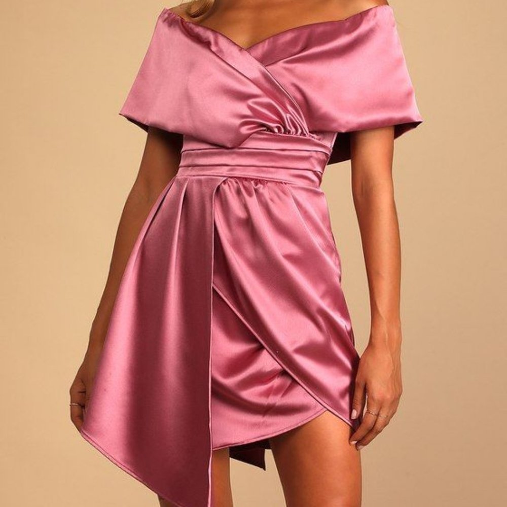 Always Celebrating Mauve Off the Shoulder Satin Mini Dress